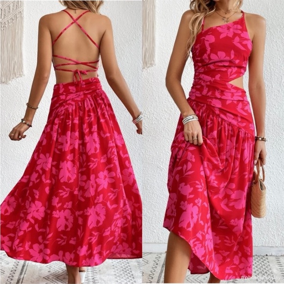 Boho Floral Print Criss Cross Open Back Ruched Cut Out Maxi Dress - Picture 9 of 9